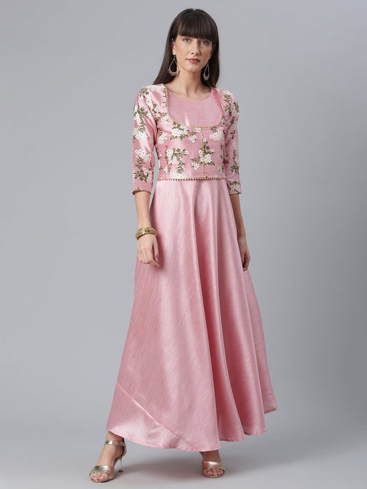 Ahalyaa Art Silk Pink Solid Kurta With Attached Floral Print Jacket | Swadesiicart