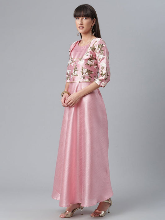 Ahalyaa Art Silk Pink Solid Kurta With Attached Floral Print Jacket | Swadesiicart
