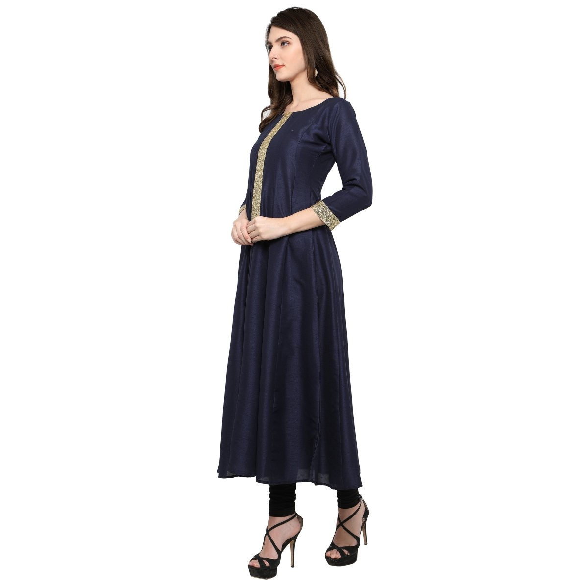 Ahalyaa Women's Navy Blue And Gold Anarkali For Festive And Party Wear | Swadesiicart