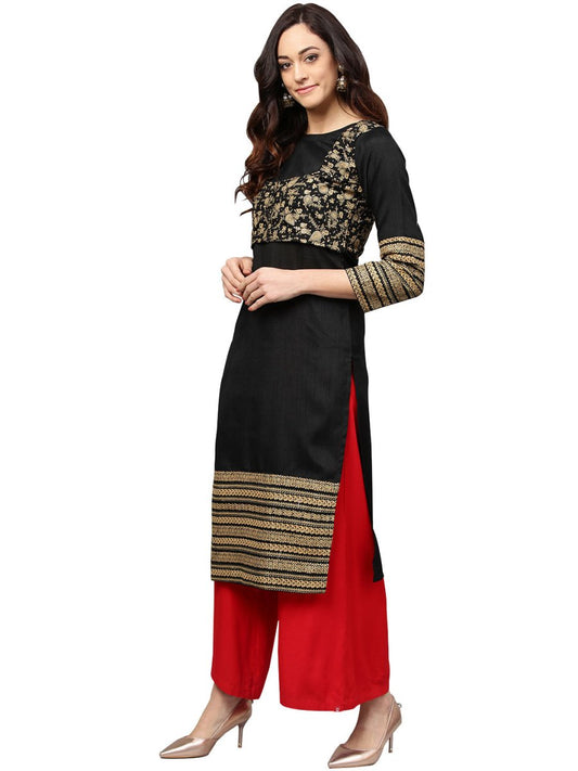 Ahalyaa Black Printed Beautiful Straight Kurta | Swadesiicart