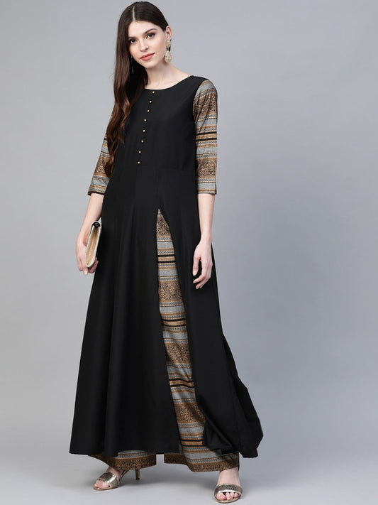 Ahalyaa Black Solid Front Slit Kurta With Palazzo | Swadesiicart