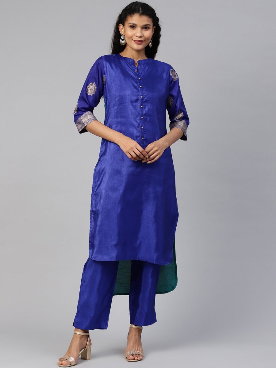 Ahalyaa Women Blue & Green Solid High Low Kurta with Trousers | Swadesiicart