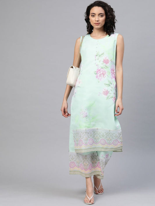 Ahalyaa Blue & Pink Floral Print Kurta With Palazzo | Swadesiicart