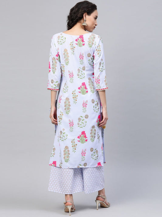 Ahalyaa Women Blue & Pink Floral Print Kurta With Palazzo | Swadesiicart