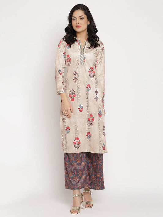 Ahalyaa Women's Beige Color Digital Print Velvet Kurta With Palazzo | Swadesiicart