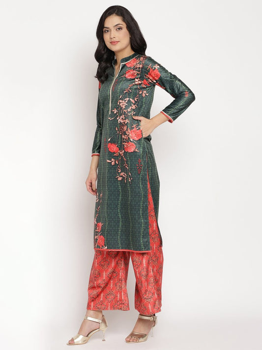 Ahalyaa Women's Dark Green Color Digital Print Velvet Kurta With Palazzo | Swadesiicart