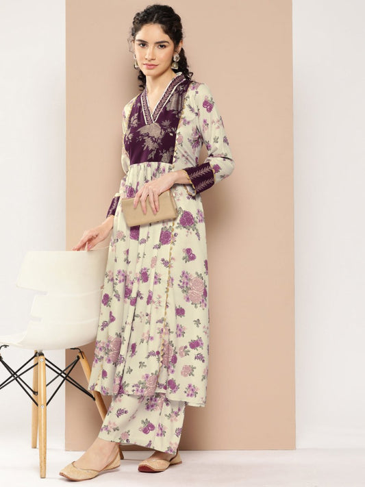 Ahalyaa Women Floral Printed Pleated Gotta Patti Kurta with Palazzos | Swadesiicart