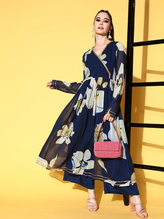 Ahalyaa Women Floral Printed Navy Blue Angrakha Kurta with Palazzos | Swadesiicart