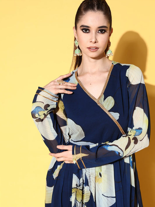Ahalyaa Women Floral Printed Navy Blue Angrakha Kurta with Palazzos | Swadesiicart