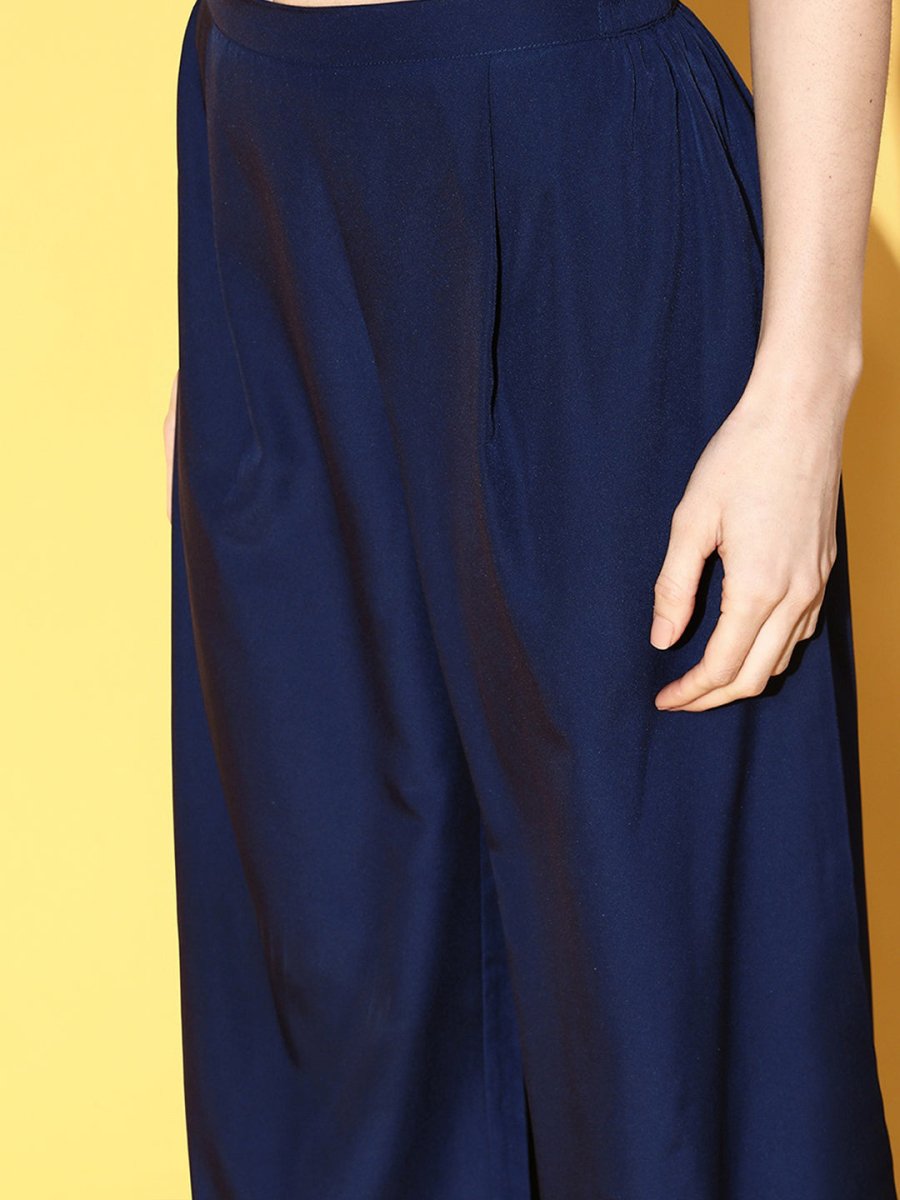 Ahalyaa Women Floral Printed Navy Blue Angrakha Kurta with Palazzos | Swadesiicart