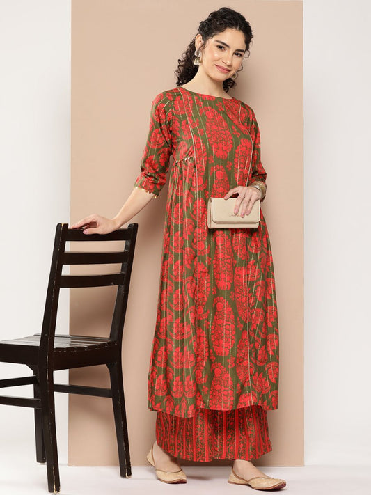 Ahalyaa Women Floral Printed Panelled Sequinned Kurta with Palazzos | Swadesiicart