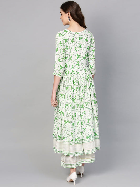 Ahalyaa Green Round Neck Assymetrical Floral Kurta with Palazzo | Swadesiicart