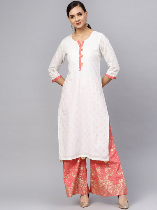 Ahalyaa White and Gold Printed Straight Kurta Set | Swadesiicart
