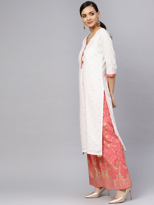 Ahalyaa White and Gold Printed Straight Kurta Set | Swadesiicart