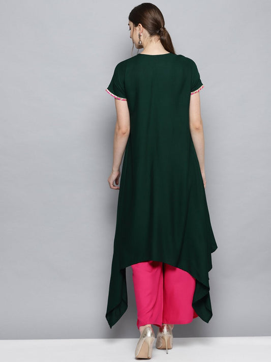 Ahalyaa Dark Green Solid Kimono Rayon Kurta Set For Women | Swadesiicart