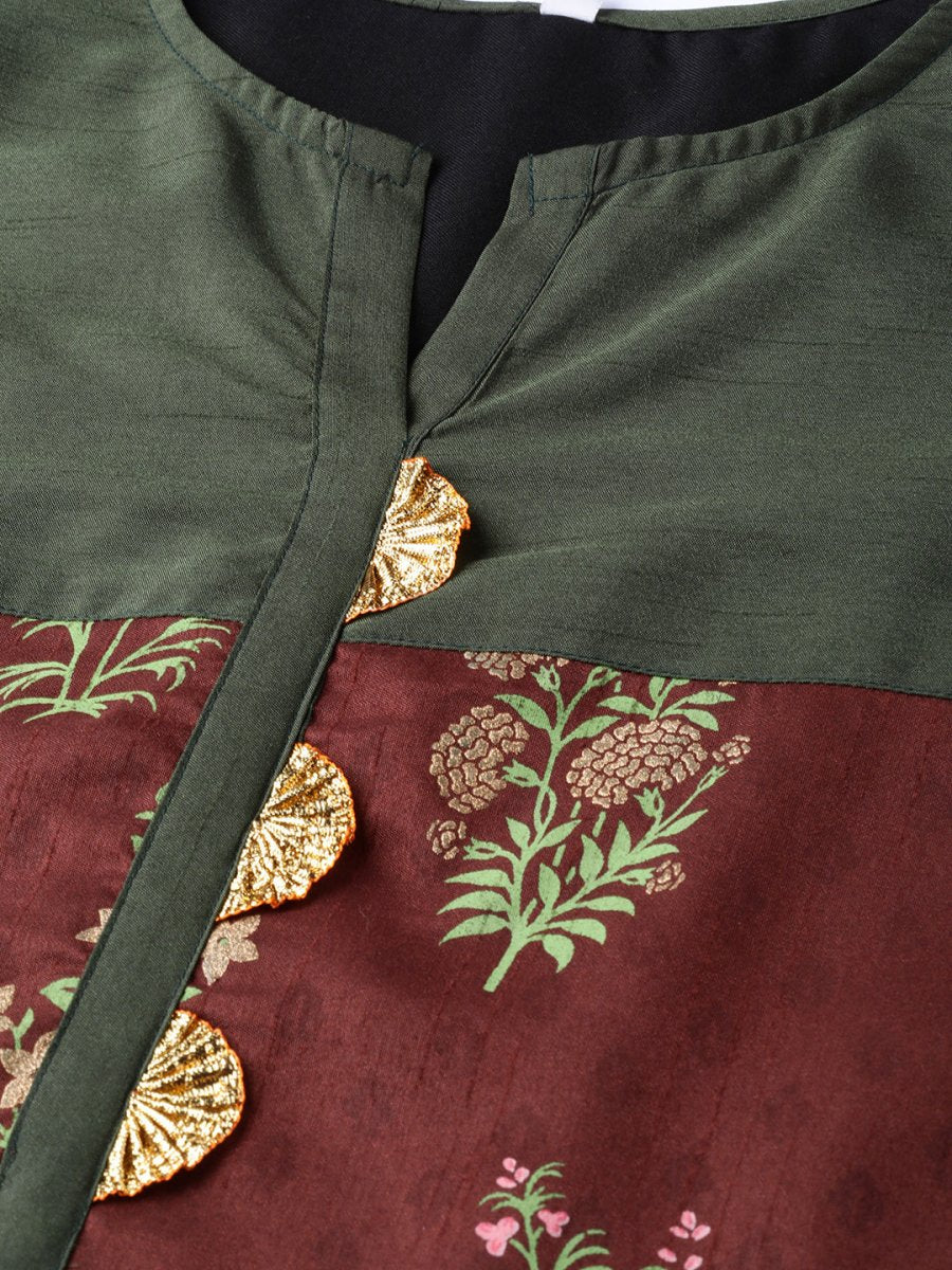 Ahalyaa Brown & Olive Green Printed Kurta with Palazzo | Swadesiicart