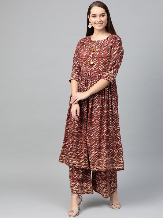 Ahalyaa Women Maroon & Off-White Printed A-Line Kurta with Palazzos | Swadesiicart