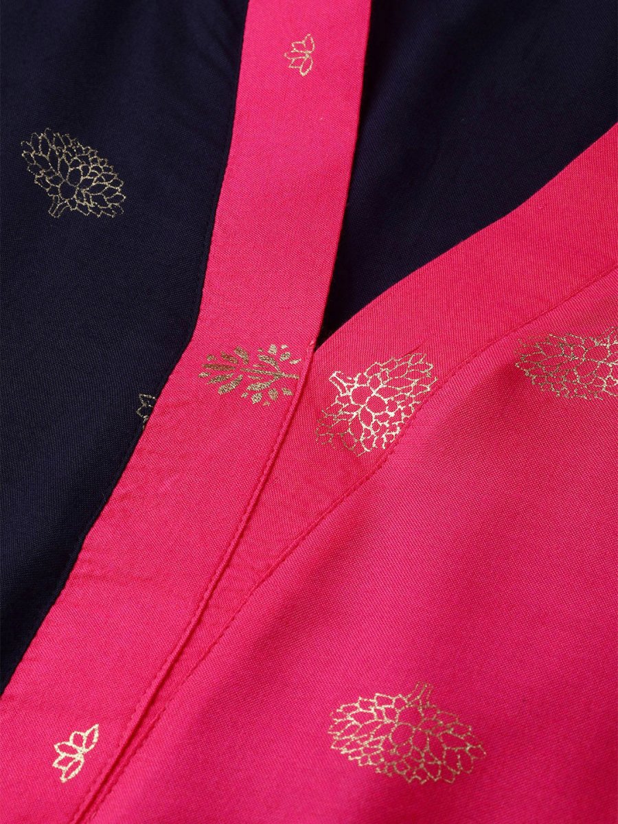 Ahalyaa Women Navy Blue & Pink Colourblocked Kurta with Trousers | Swadesiicart