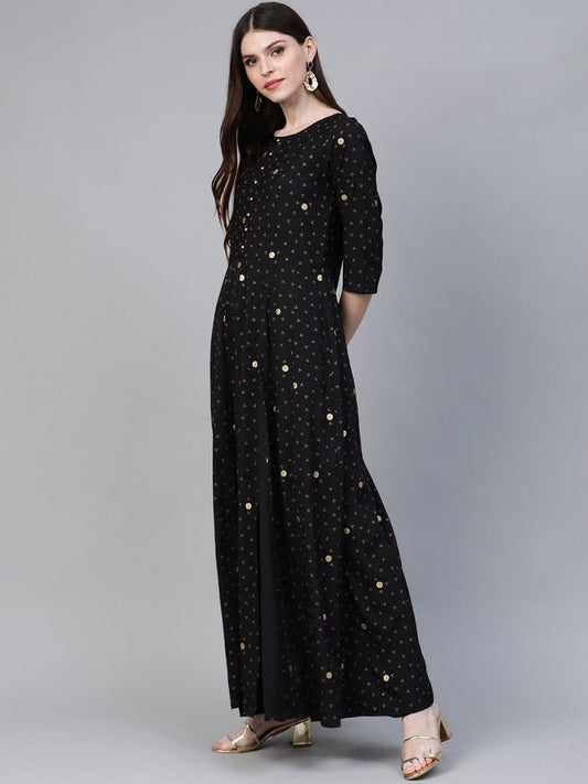 Ahalyaa Black & Pink High Slit Bandhani Khari Printed Anarkali Kurta with Palazzos | Swadesiicart