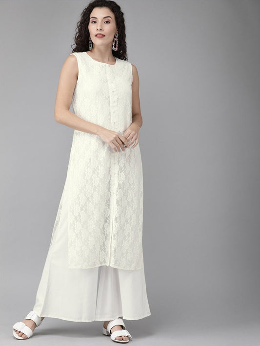 Ahalyaa White Embellished Kurta With Palazzo Set | Swadesiicart