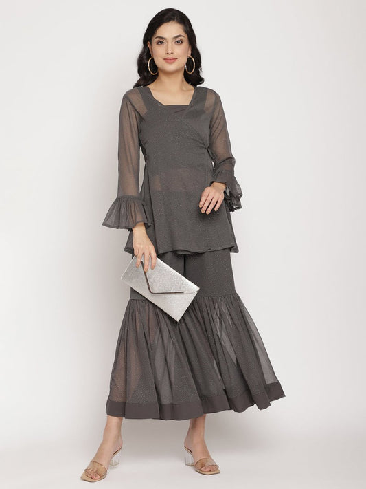 Ahalyaa Women Charcoal Grey Angrakha Kurta With Inner & Sharara | Swadesiicart