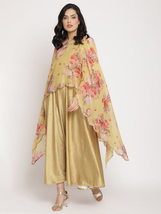 Ahalyaa Women's Mustard Color Velvet Kurta With Attached Printed Dupatta | Swadesiicart