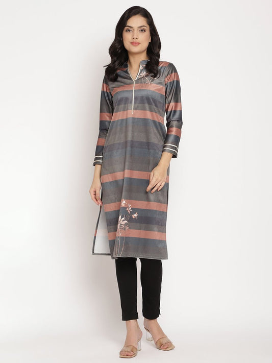 Ahalyaa Women's Multi Color Stripe Digital Print Velvet Kurta | Swadesiicart