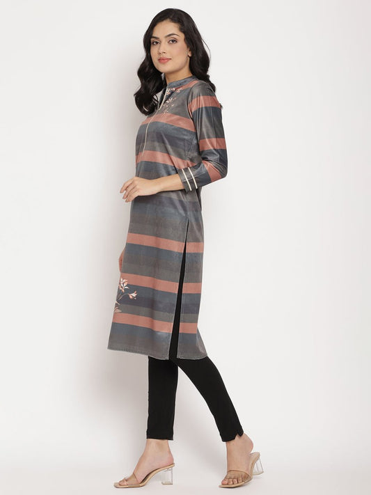 Ahalyaa Women's Multi Color Stripe Digital Print Velvet Kurta | Swadesiicart