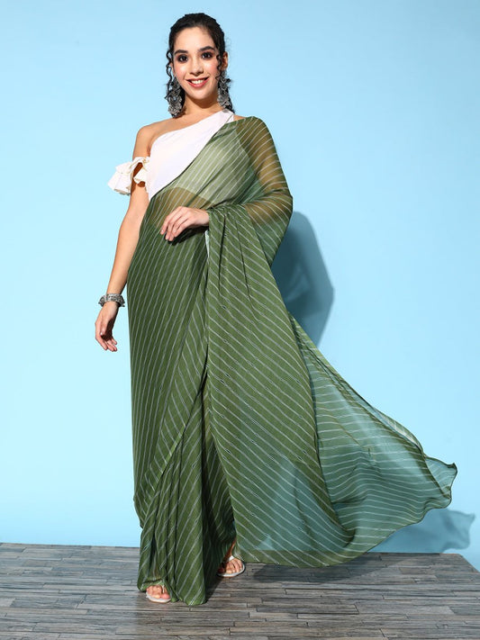Ahalyaa Green & White Leheriya Saree | Swadesiicart