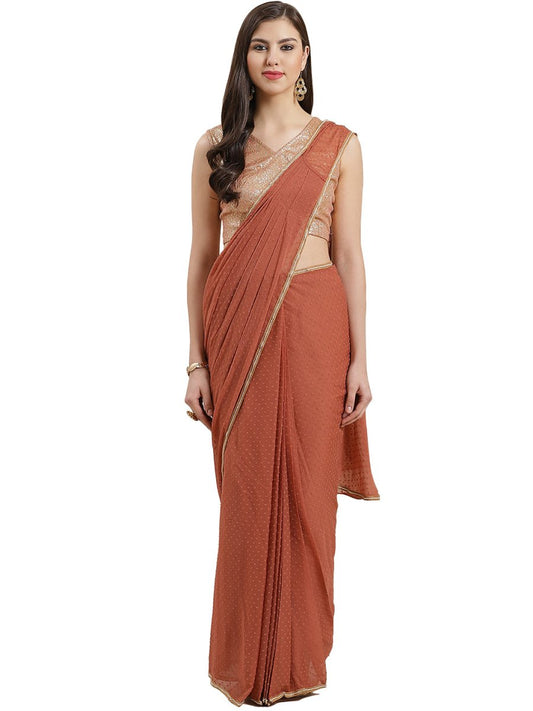 Ahalyaa Rusty Brown Pleated Ready to Wear Saree Set | Swadesiicart
