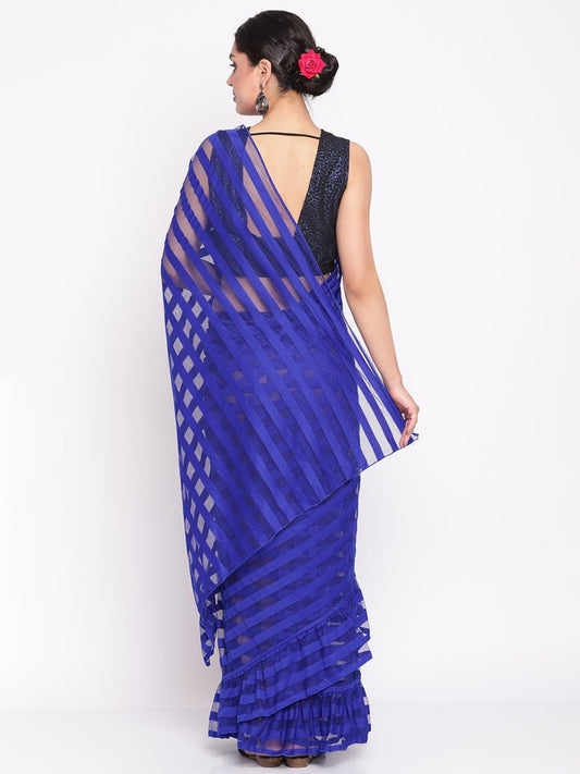 Ahalyaa Blue & Black Striped Net Ready to Wear Saree Set | Swadesiicart