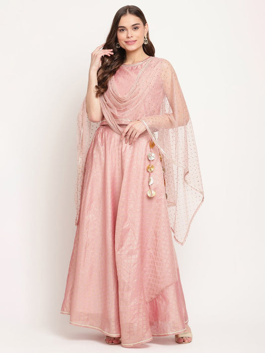 Ahalyaa Women Rusty Rose Chanderi Gold Foil Prin Lehenga Choli With Dupatta | Swadesiicart