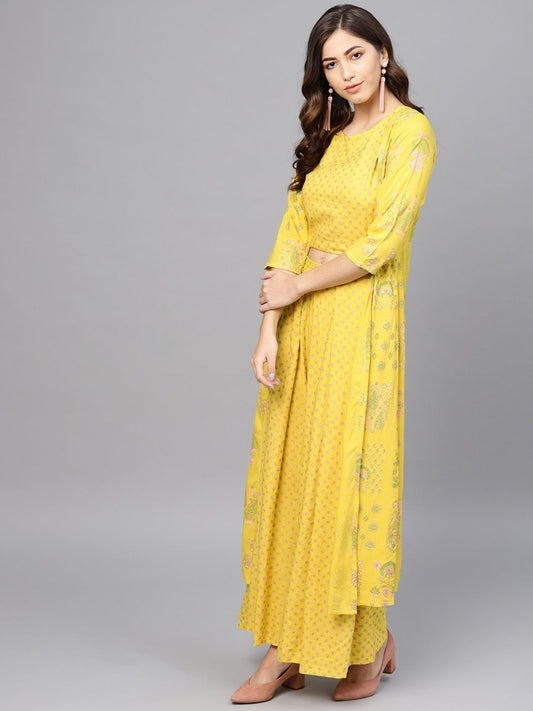 Ahalyaa Yellow & Pink Printed Crop Top with Palazzos & Ethnic Jacket - Swadesiicart