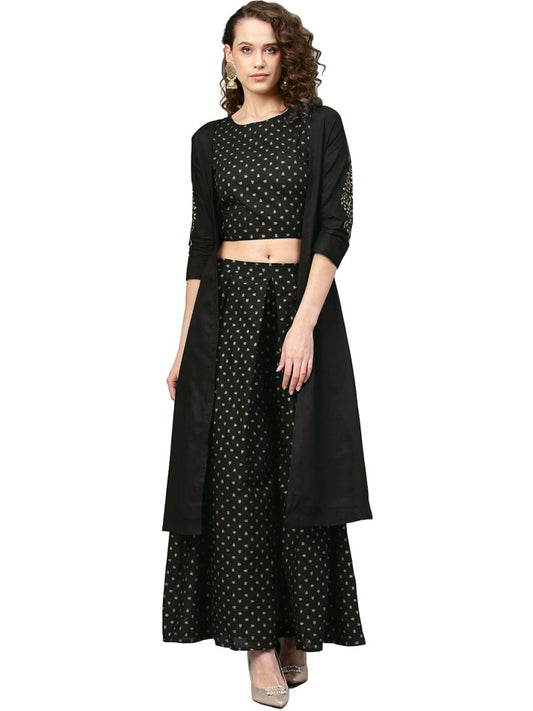 Ahalyaa Women Black & Golden Printed Kurta with Churidar & Dupatta | Swadesiicart
