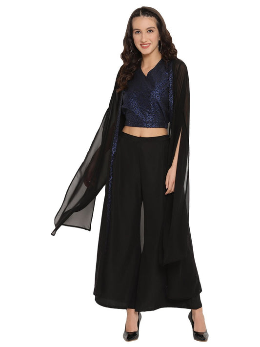 Ahalyaa Women Black & Blue Printed Crop Top With Palazzos & Jacket - Swadesiicart