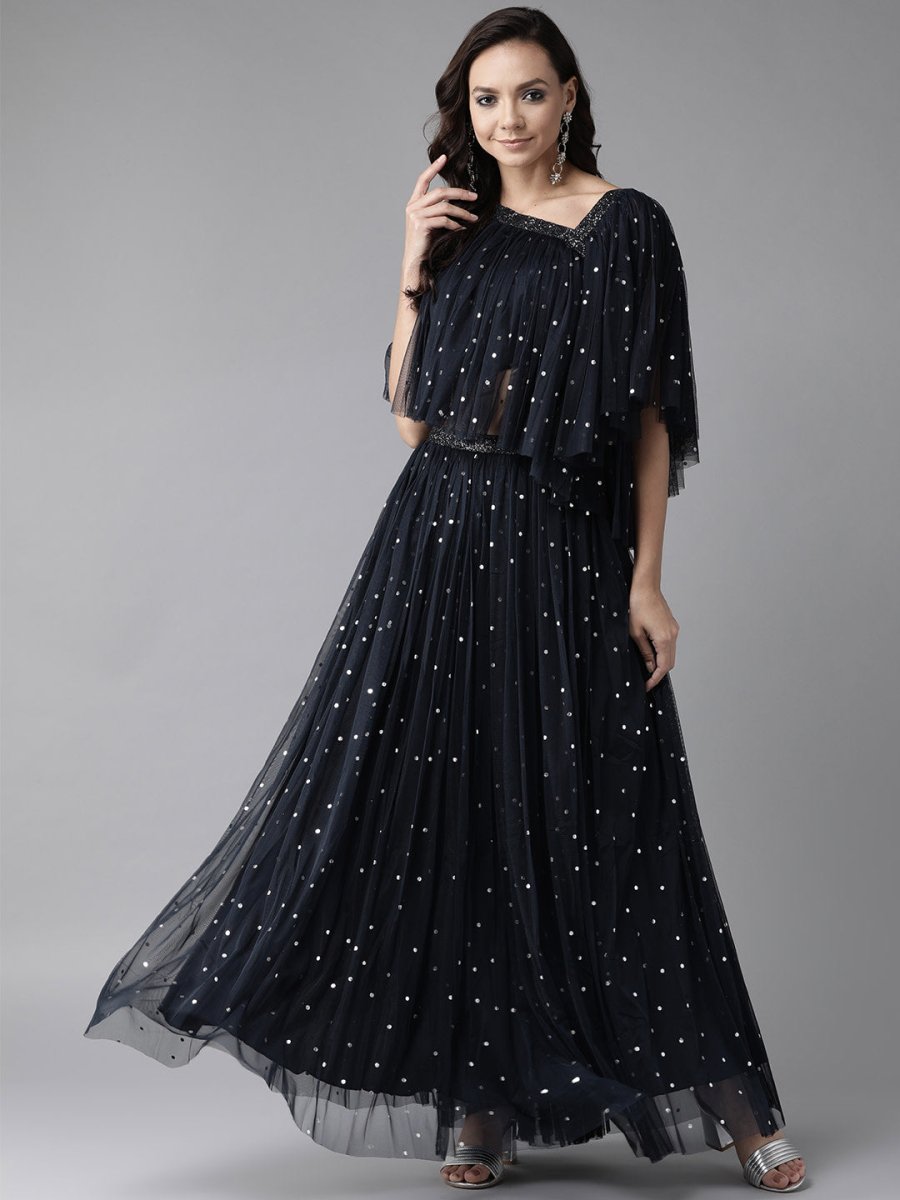 Ahalyaa Navy Blue & Silver Foil Print Layered Top with Skirt | Swadesiicart