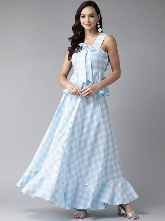 Ahalyaa Women Blue & White Checked Peplum Top with Skirt | Swadesiicart