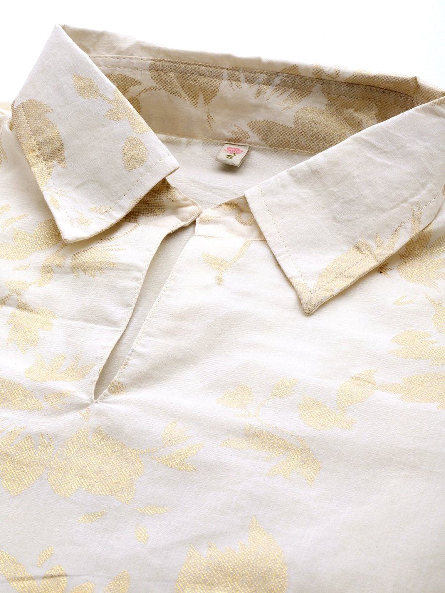 Ahalyaa Floral Printed Shirt Collar Cotton Tunic With Lace Inserts Detail | Swadesiicart