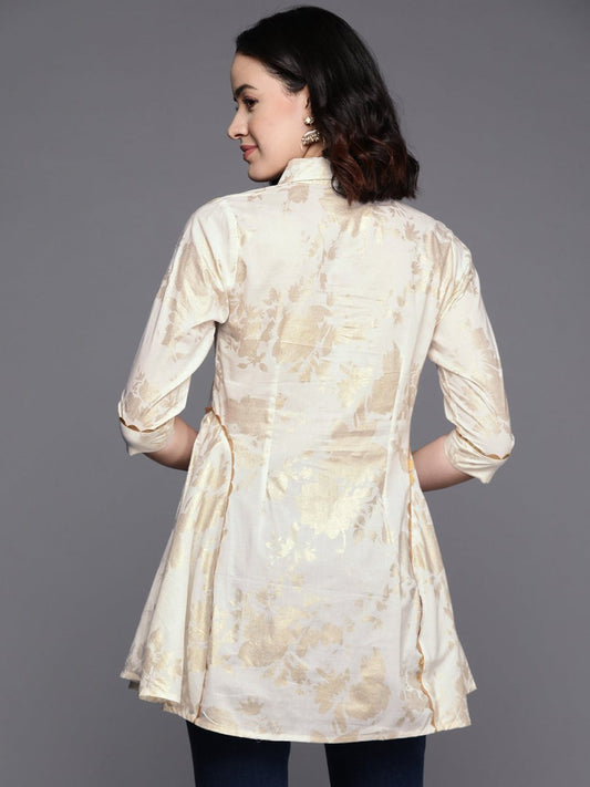 Ahalyaa Floral Printed Shirt Collar Cotton Tunic With Lace Inserts Detail | Swadesiicart