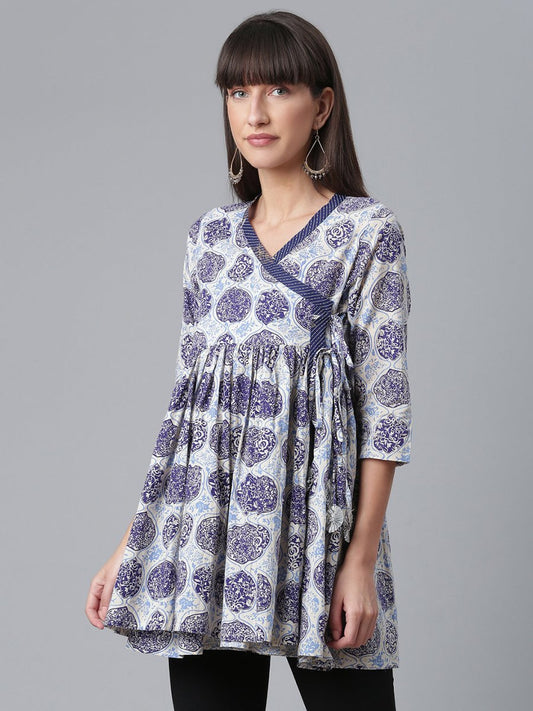 Ahalyaa Women Blue & Off-White Printed Angrakha Beautiful Tunic | Swadesiicart