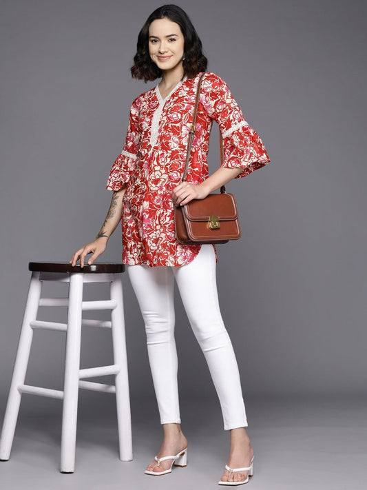 Ahalyaa Floral Printed Bell Sleeves Tunic With Lace Inserts | Swadesiicart