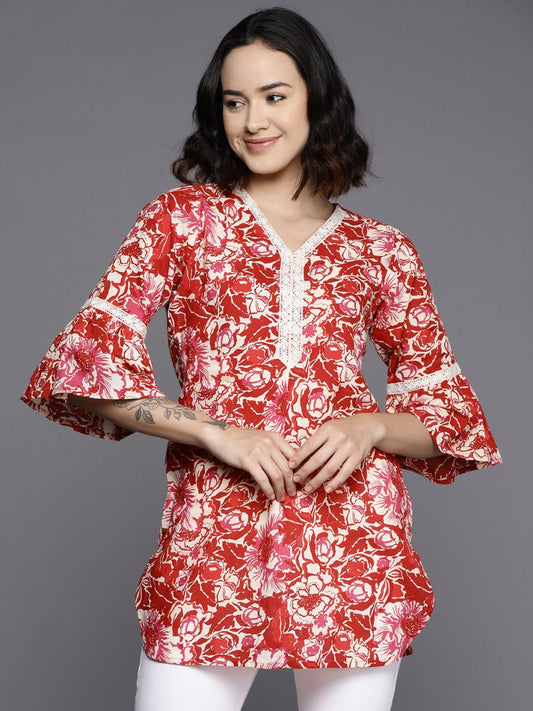 Ahalyaa Floral Printed Bell Sleeves Tunic With Lace Inserts | Swadesiicart
