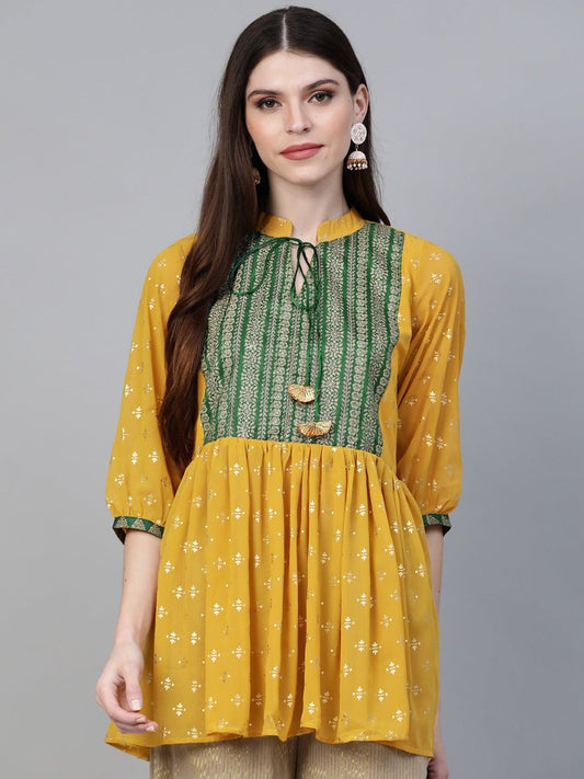 Ahalyaa Mustard Yellow & Green Printed A-Line Tunic | Swadesiicart