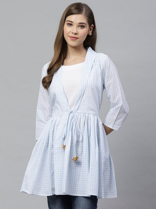 Ahalyaa Blue & White Checked Waist Tie-Up Tunic | Swadesiicart