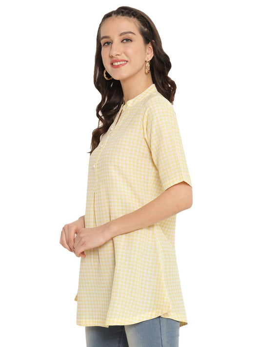 Ahalyaa Checks Printed Yellow Tunic | Swadesiicart