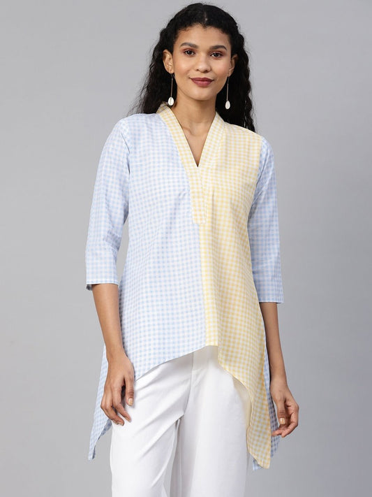 Ahalyaa Colour Blocked Printed Checks Tunic | Swadesiicart