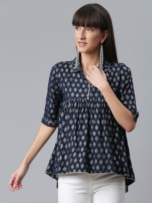 Ahalyaa Viscose Rayon Navy Blue Foil Silver Printed Western Tunic | Swadesiicart