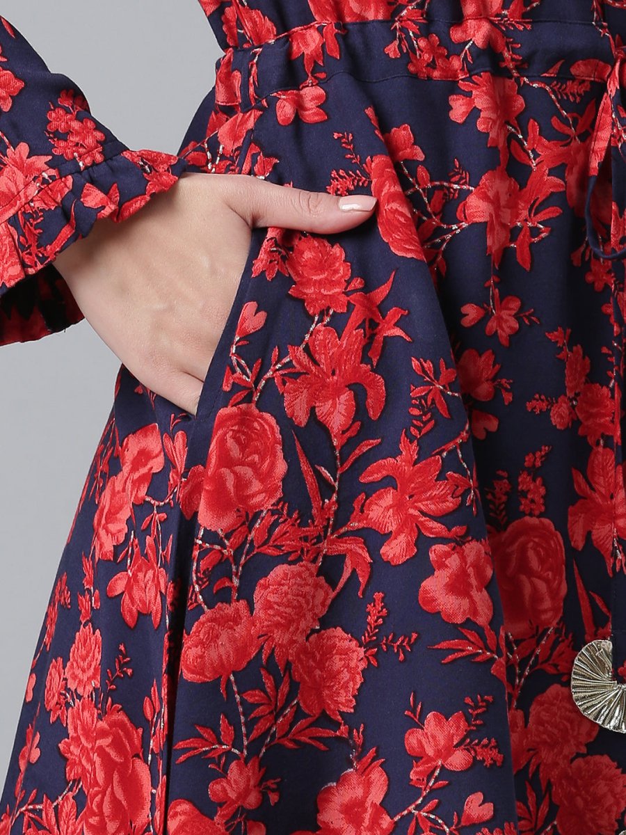 Ahalyaa Navy Blue & Red Mandarin Collar Printed Tunic | Swadesiicart