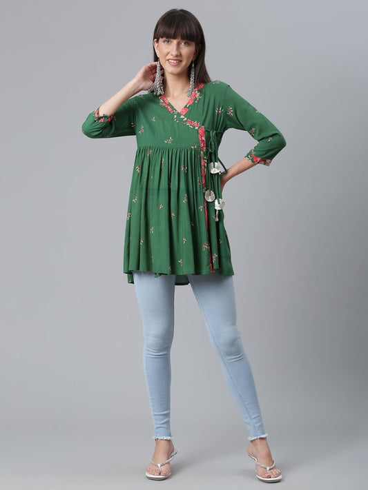 Ahalyaa Green & Pink Floral Printed Tunic | Swadesiicart