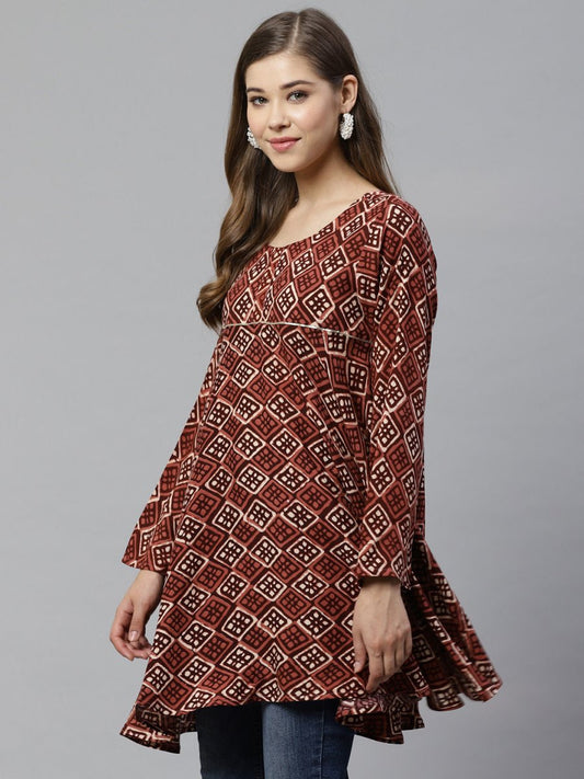 Ahalyaa Maroon & Beige Ethnic Printed Asymmetric Tunic | Swadesiicart